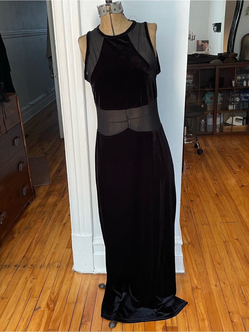 Black Velvet Evening Gown with Sheer Waist Panel